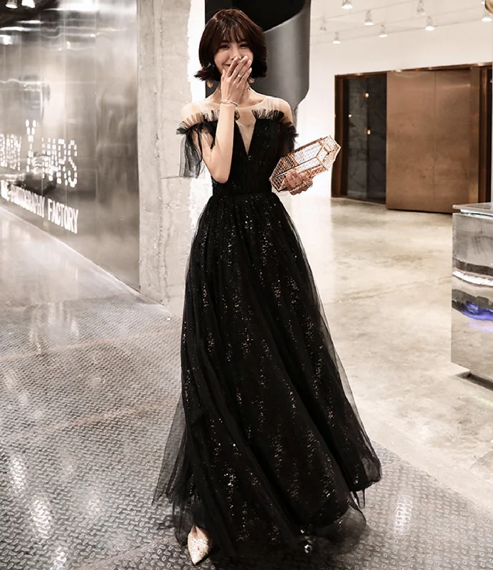 Prom dresses with flowers-Black tulle long prom dress A line evening dress  10317