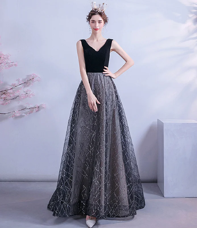 Beautiful silk prom dresses for luxury-Black tulle sequins long A line prom dress evening dress 8731 Beautiful silk prom dresses for luxury-Black tulle sequins long A line prom dress evening dress 8731