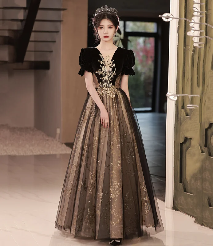 Trendy prom dresses for modern girls-Black tulle sequins long prom dress A line evening dress 10441 Trendy prom dresses for modern girls-Black tulle sequins long prom dress A line evening dress 10441