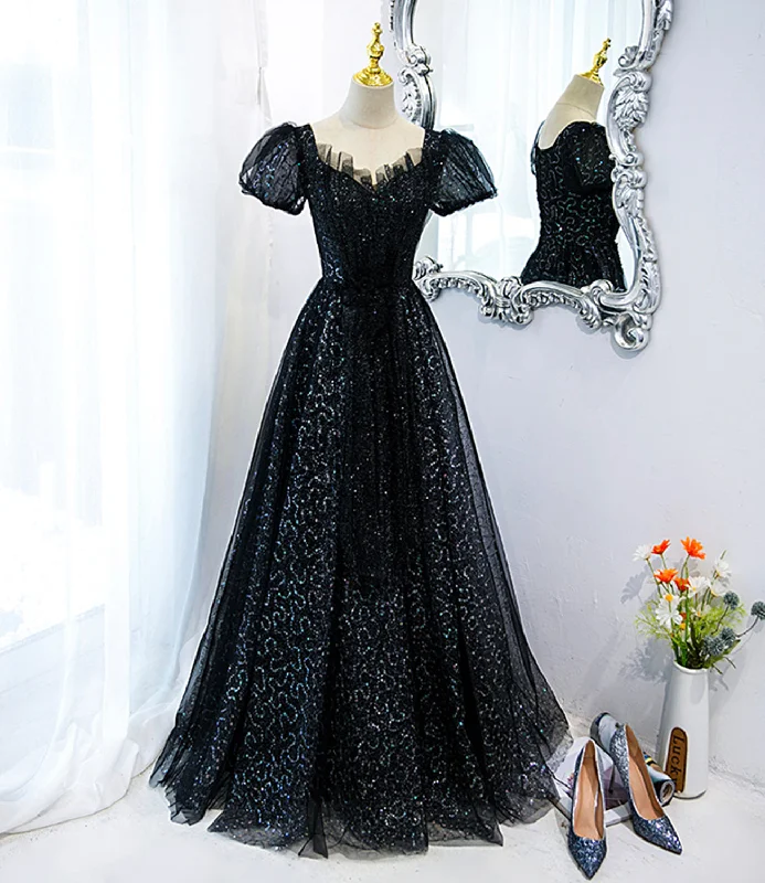 Sexy prom dresses for edgy teens-Black tulle sequins long prom dress black evening dress  10467