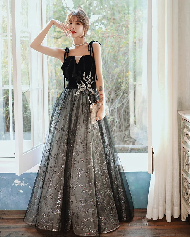 Vintage prom dresses for a classic look-Black tulle sequins long prom dress black evening dress 8901 Vintage prom dresses for a classic look-Black tulle sequins long prom dress black evening dress 8901