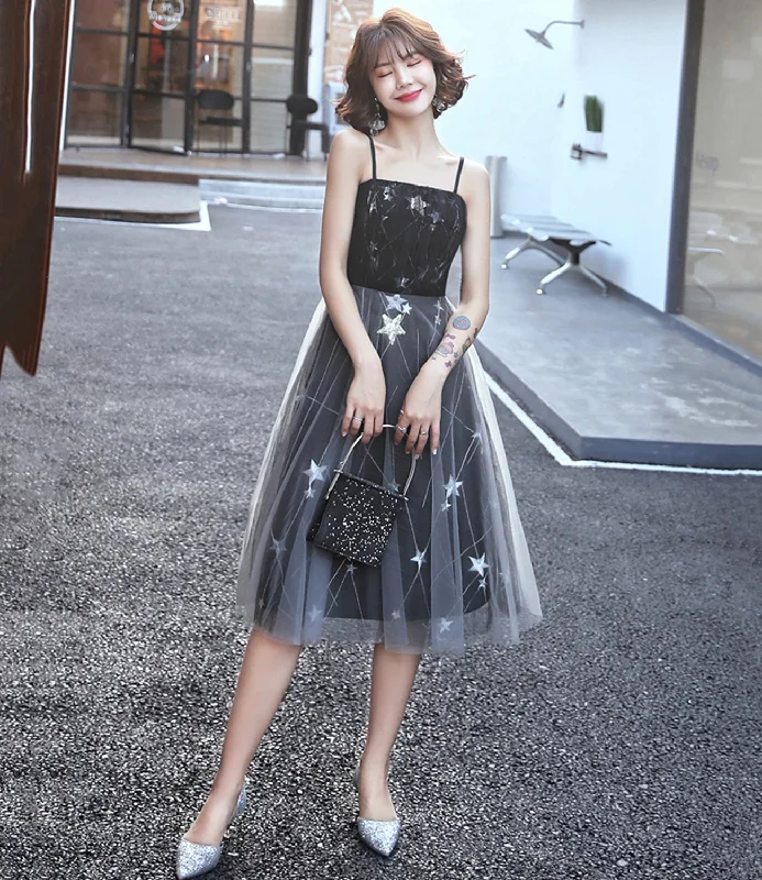 Off-the-shoulder prom dresses for summer-Black tulle short prom dress with star 8850 Off-the-shoulder prom dresses for summer-Black tulle short prom dress with star 8850