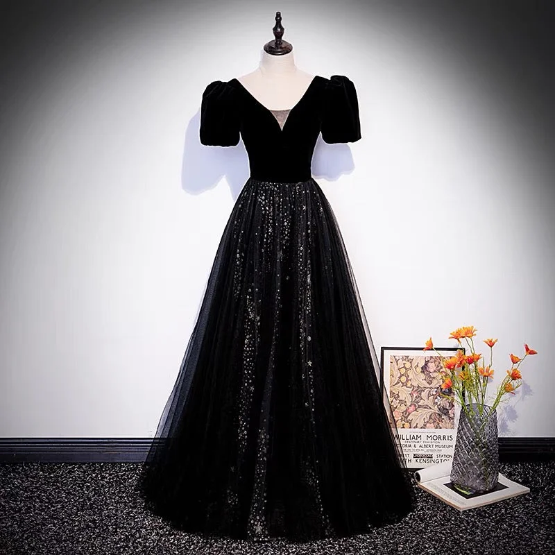 Trendy silk prom dresses for luxe appeal-Black velvet tulle long prom dress A line evening gown 10106 Trendy silk prom dresses for luxe appeal-Black velvet tulle long prom dress A line evening gown 10106