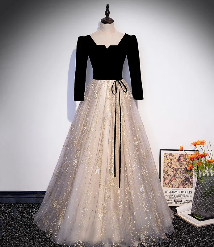 Boho style prom dresses for relaxed charm-Black velvet tulle long prom dress A line evening gown 10237 Boho style prom dresses for relaxed charm-Black velvet tulle long prom dress A line evening gown 10237