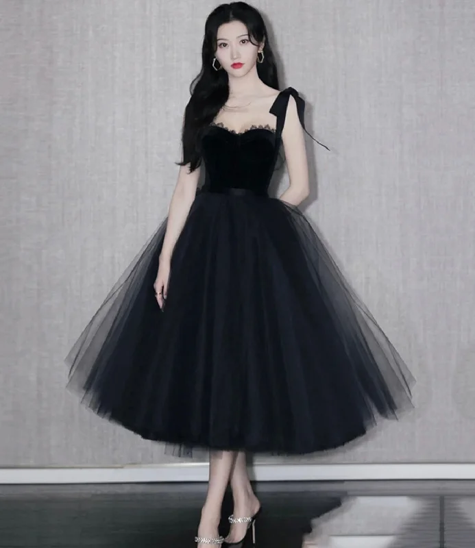 Classic black prom dresses for elegance-Black velvet tulle short prom dress homecoming dress  10282