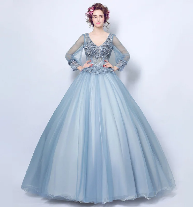 Simple but elegant prom gowns-Blue lace applique long prom gown evening dress 10075 Simple but elegant prom gowns-Blue lace applique long prom gown evening dress 10075
