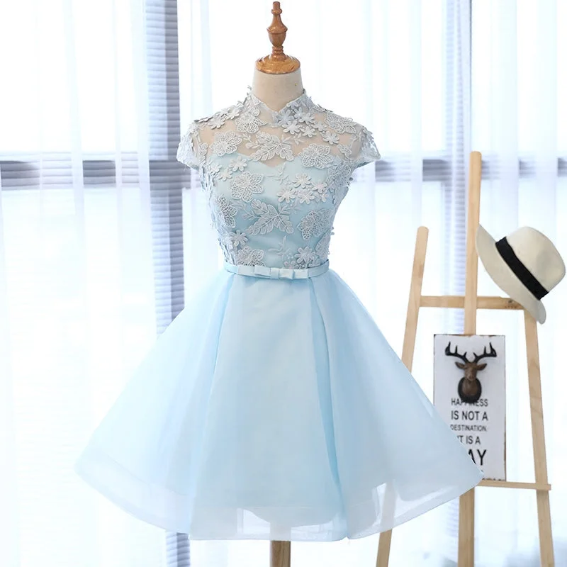 Beautiful silk prom dresses for luxury-Blue lace tulle short prom dress, homecoming dress 8148 Beautiful silk prom dresses for luxury-Blue lace tulle short prom dress, homecoming dress 8148
