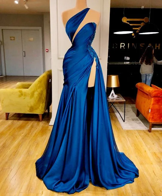 Sexy open-back gowns for prom-blue prom dress, beaded prom dresses, one shoulder prom dresses gh1985