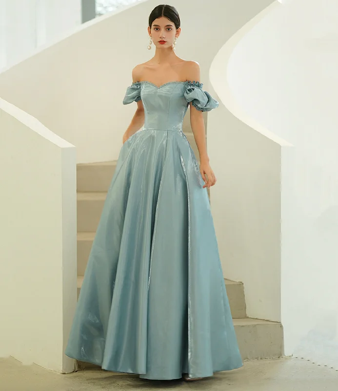 Romantic prom dresses with floral details-Blue satin long A line prom dress blue evening dress 10215 Romantic prom dresses with floral details-Blue satin long A line prom dress blue evening dress 10215