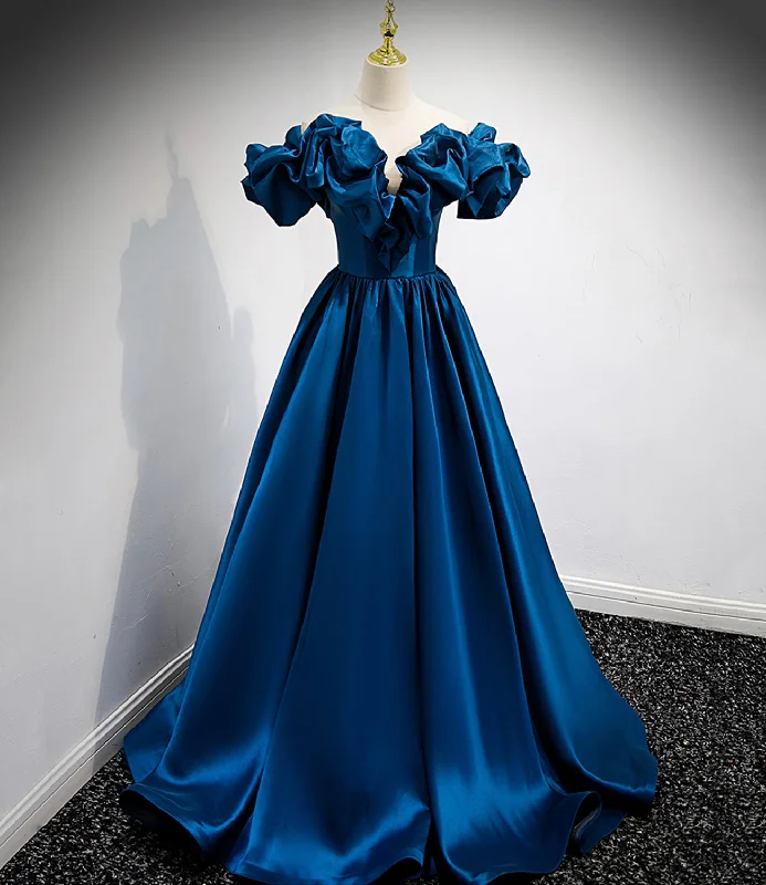 Colorful prom dresses for a fun vibe-Blue satin long A line prom dress blue evening dress 8877 Colorful prom dresses for a fun vibe-Blue satin long A line prom dress blue evening dress 8877