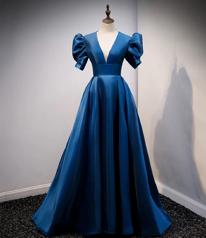Prom dresses with end-of-summer vibes-Blue satin long prom dress A line evening gown  10309