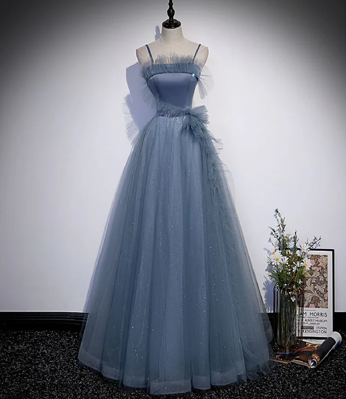 Prom dresses with floral patterns-Blue satin tulle long prom dress A line evening dress  10268