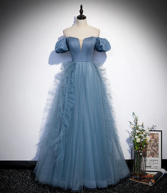 Prom dresses with patriotic colors-Blue satin tulle long prom dress blue evening dress  10312