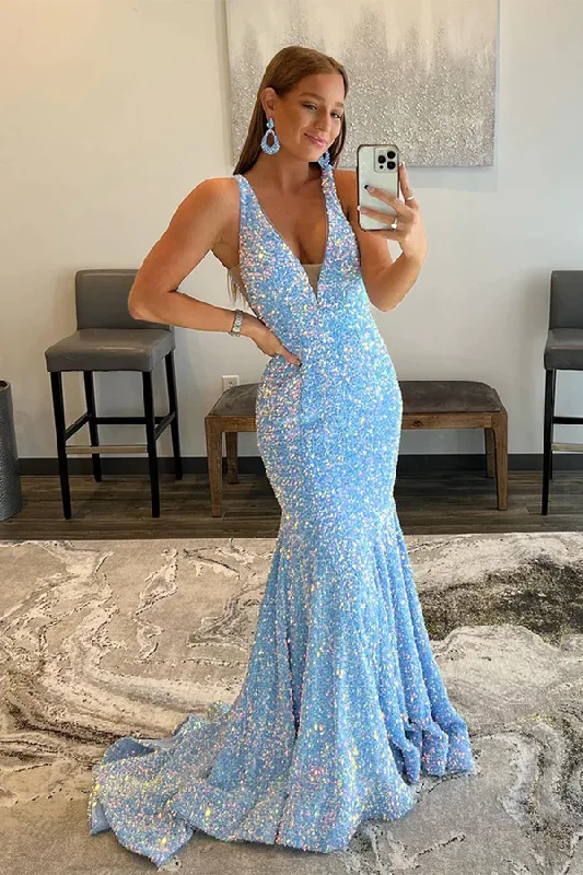 Soft pink prom dresses for a sweet style-Blue Sequins Mermaid Prom Dress  gh1800