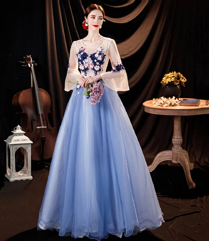 Prom dresses with asymmetrical hemlines-Blue tulle applique long prom dress blue evening dress 10534 Prom dresses with asymmetrical hemlines-Blue tulle applique long prom dress blue evening dress 10534