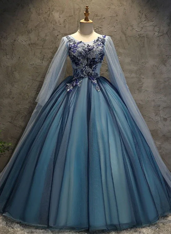 What to wear with prom dress-Blue Tulle Ball Gown Long Sweet 16 Dress With Lace Applique, Prom Dress gh251 What to wear with prom dress-Blue Tulle Ball Gown Long Sweet 16 Dress With Lace Applique, Prom Dress gh251