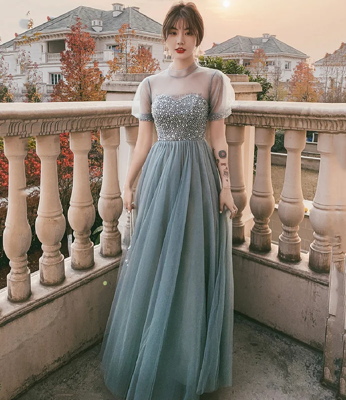 Sexy prom dresses for edgy teens-Blue tulle beads long A line prom dress evening dress 8789 Sexy prom dresses for edgy teens-Blue tulle beads long A line prom dress evening dress 8789
