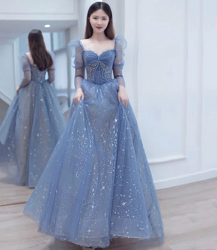 Elegant black tie prom dresses-Blue tulle beads long prom dress A line evening dress 10402 Elegant black tie prom dresses-Blue tulle beads long prom dress A line evening dress 10402