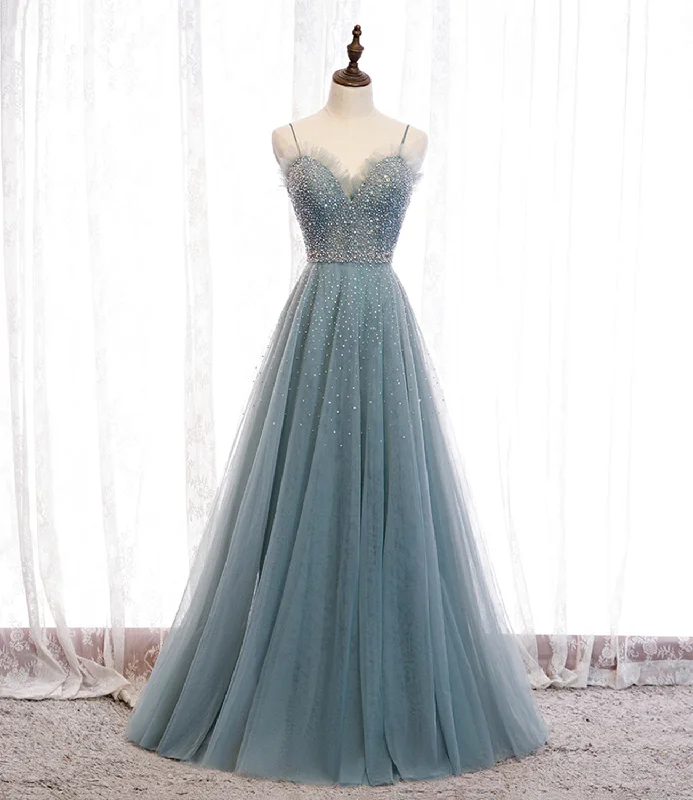 Affordable prom dresses for every budget-Blue tulle beads long prom dress A line evening dress 10501 Affordable prom dresses for every budget-Blue tulle beads long prom dress A line evening dress 10501