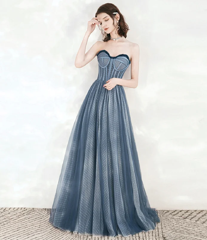High-low prom dresses for a modern twist-Blue tulle beads long prom dress A line evening dress 10549 High-low prom dresses for a modern twist-Blue tulle beads long prom dress A line evening dress 10549