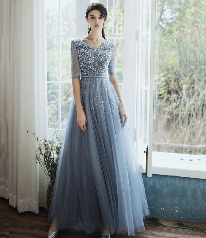 Prom dresses with sunglasses-Blue tulle beads long prom dress A line evening gown 10333 Prom dresses with sunglasses-Blue tulle beads long prom dress A line evening gown 10333