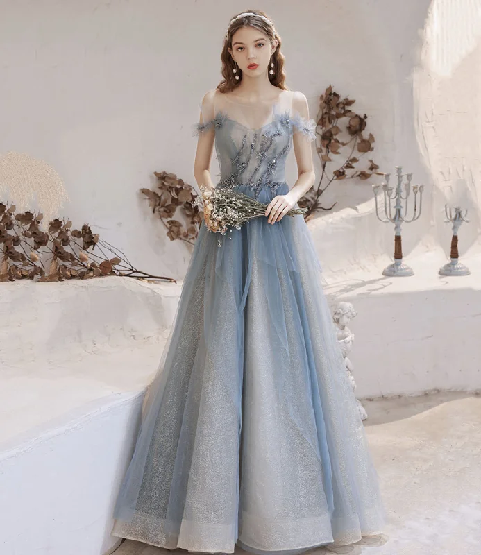 Stunning prom dresses with sequins-Blue tulle beads long prom dress blue evening dress  10283
