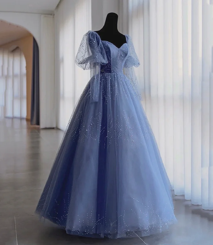 Trendy prom dresses for fashion-conscious teens-Blue tulle beads long prom dress blue evening dress 10522 Trendy prom dresses for fashion-conscious teens-Blue tulle beads long prom dress blue evening dress 10522