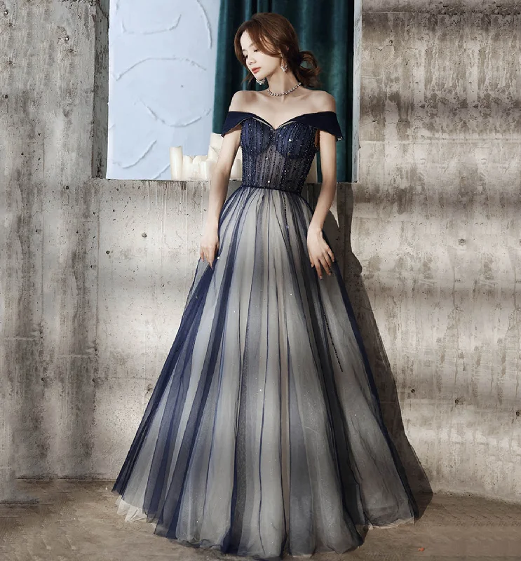 Trendy prom dresses for high school-Blue tulle beads long prom dress blue evening dress 8612 Trendy prom dresses for high school-Blue tulle beads long prom dress blue evening dress 8612