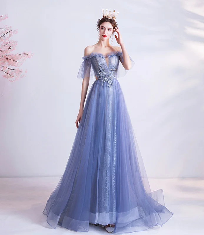 Prom dresses for dates-Blue tulle lace long A line prom dress evening dress  8670
