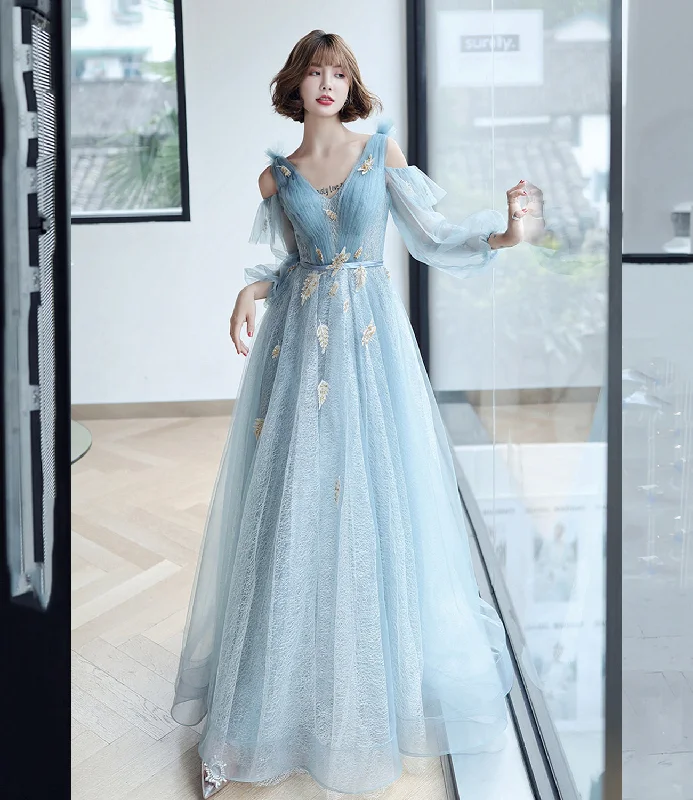 A-line prom dresses for all body types-Blue tulle lace long A line prom dress evening dress 8827 A-line prom dresses for all body types-Blue tulle lace long A line prom dress evening dress 8827