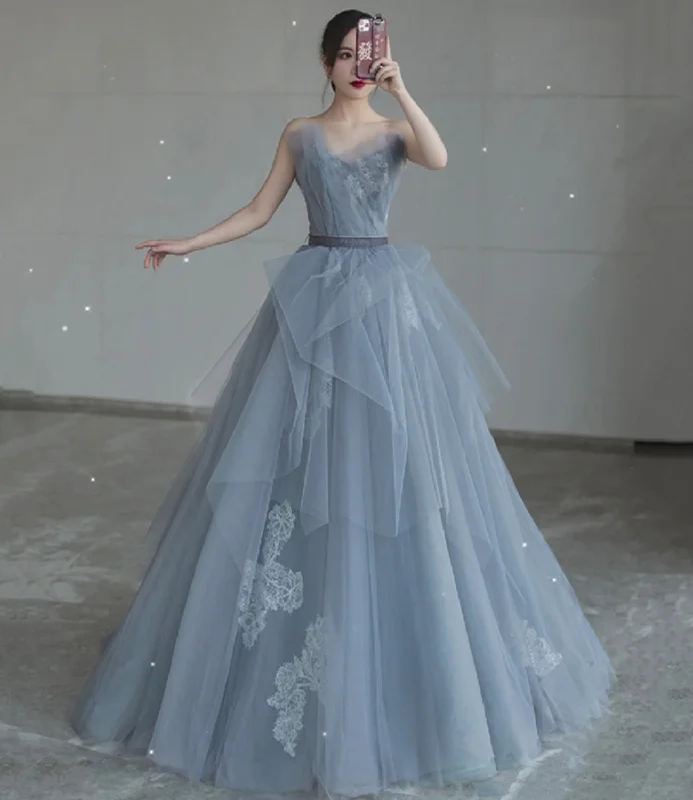 Bold floral patterns for prom dresses-Blue tulle lace long ball gown dress blue evening dress 8766 Bold floral patterns for prom dresses-Blue tulle lace long ball gown dress blue evening dress 8766