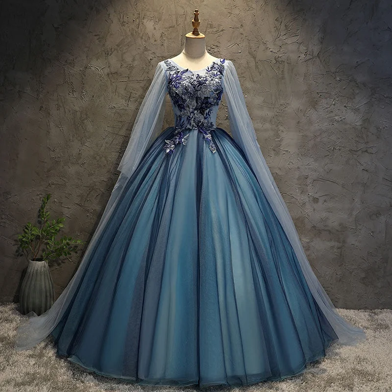 Bold floral patterns for prom dresses-Blue tulle lace long ball gown dress blue evening gown 10091 Bold floral patterns for prom dresses-Blue tulle lace long ball gown dress blue evening gown 10091