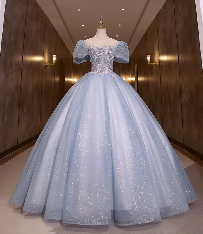 Elegant satin prom dresses for formal nights-Blue tulle lace long ball gown dress formal gown  10259