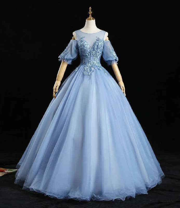 Trendy silk prom dresses for luxe appeal-Blue tulle lace long prom dress A line evening dress 10457 Trendy silk prom dresses for luxe appeal-Blue tulle lace long prom dress A line evening dress 10457