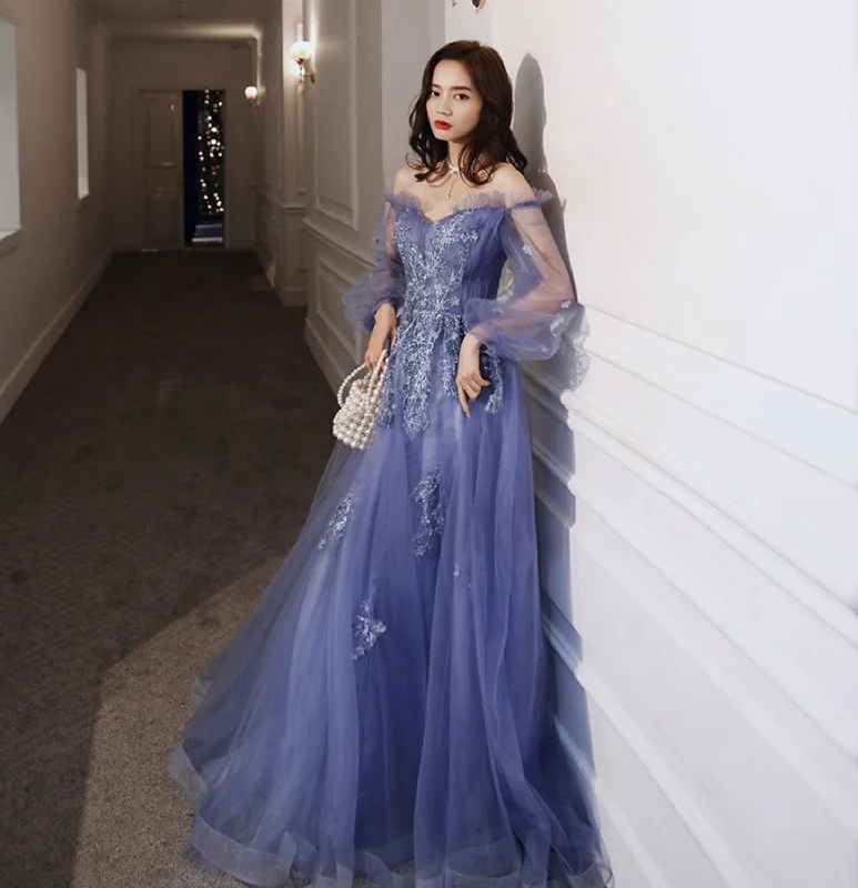 Perfect prom dresses for a unique look-Blue tulle lace long prom dress A line evening gown 10046 Perfect prom dresses for a unique look-Blue tulle lace long prom dress A line evening gown 10046