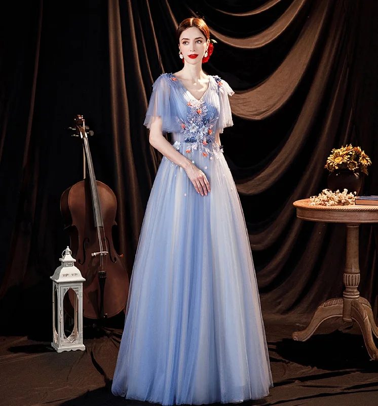 Dramatic prom dresses with trains-Blue tulle lace long prom dress A line evening gown 10056 Dramatic prom dresses with trains-Blue tulle lace long prom dress A line evening gown 10056