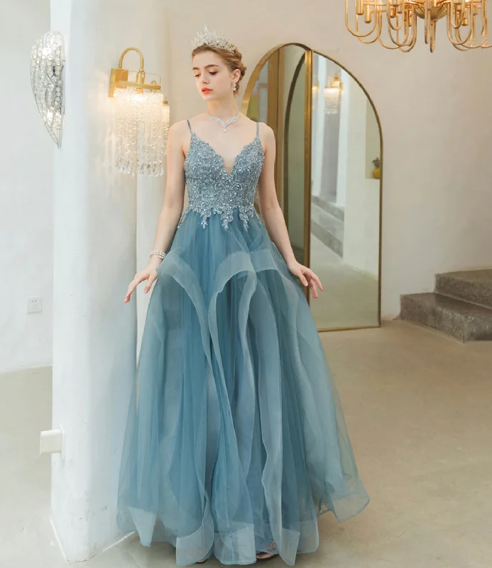 Affordable designer prom dresses-Blue tulle lace long prom dress blue evening gown 10241 Affordable designer prom dresses-Blue tulle lace long prom dress blue evening gown 10241