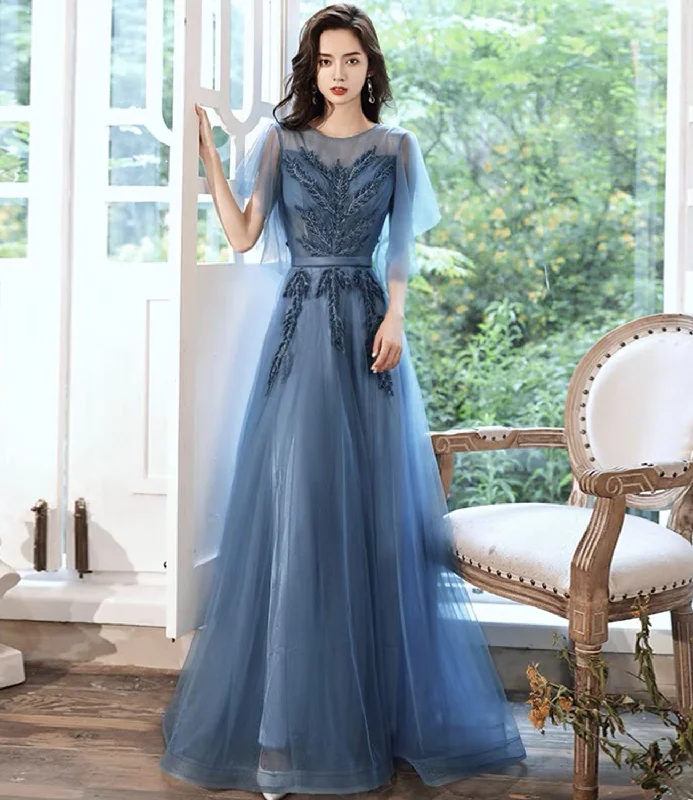 Short prom dresses for petite girls-Blue tulle lace long prom dress blue evening gown  10286