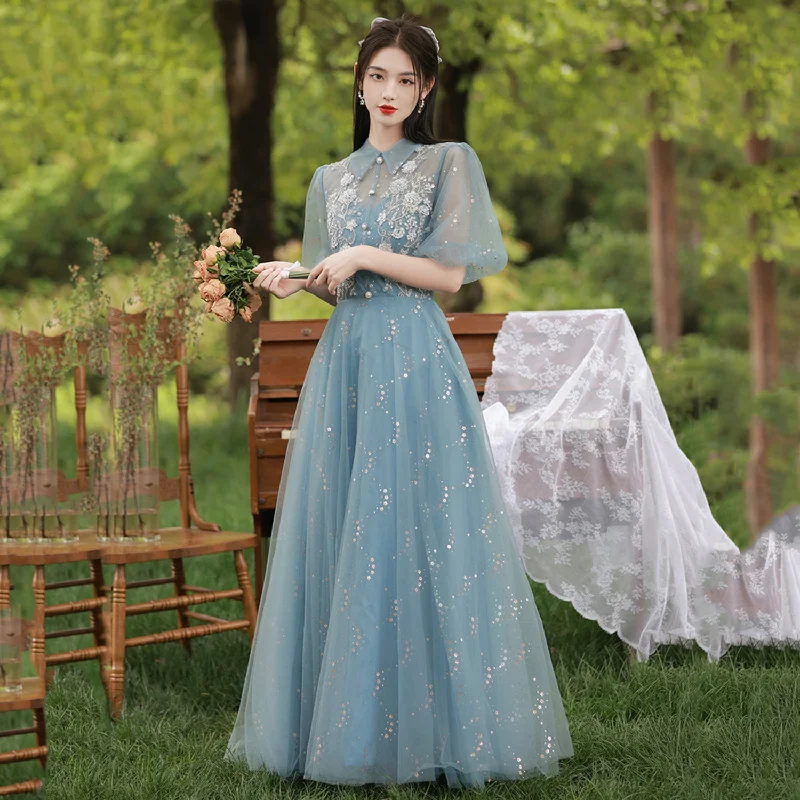 Prom dresses with ruffles-Blue tulle lace long prom dress evening dress  8999