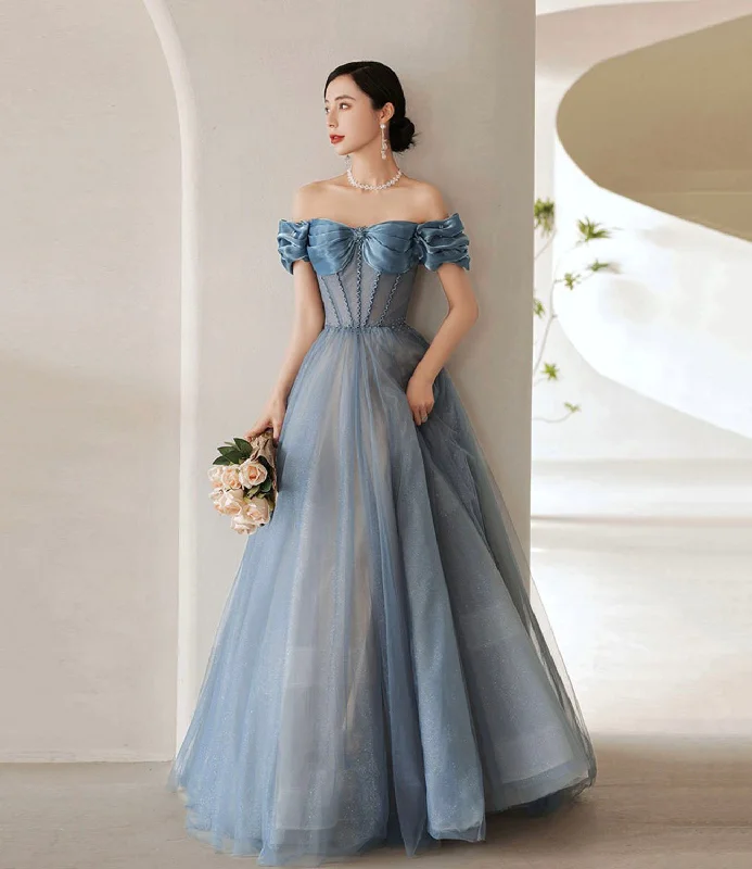 Long prom dresses with trains-Blue tulle long A line ball gown dress evening gown  10287