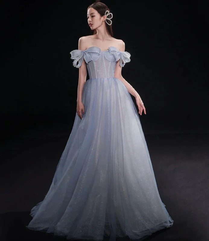 Best prom dresses for 2023-Blue tulle long A line prom dress blue evening dress  10291