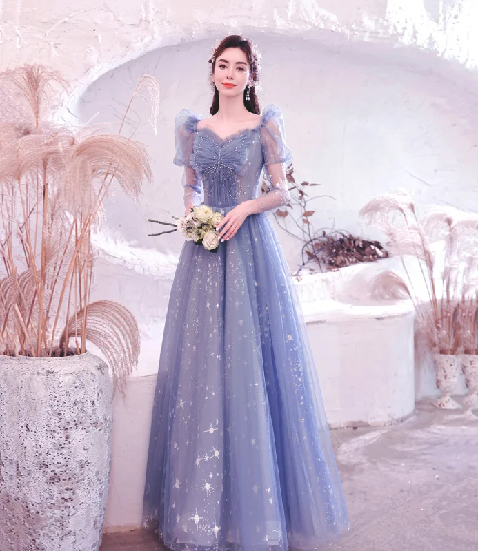 Glamour-filled sequin prom dresses-Blue tulle long A line prom dress blue evening dress 10530 Glamour-filled sequin prom dresses-Blue tulle long A line prom dress blue evening dress 10530