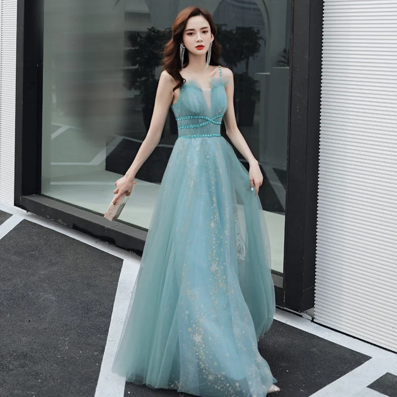 Vintage prom dresses for a classic look-Blue tulle long A line prom dress blue evening dress 8581 Vintage prom dresses for a classic look-Blue tulle long A line prom dress blue evening dress 8581