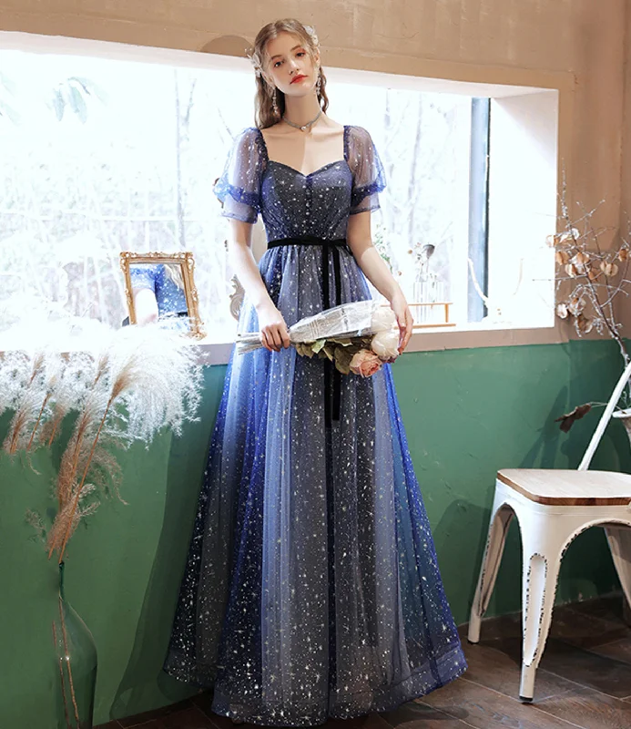 Prom dresses for winter parties-Blue tulle long A line prom dress blue evening dress 8658 Prom dresses for winter parties-Blue tulle long A line prom dress blue evening dress 8658
