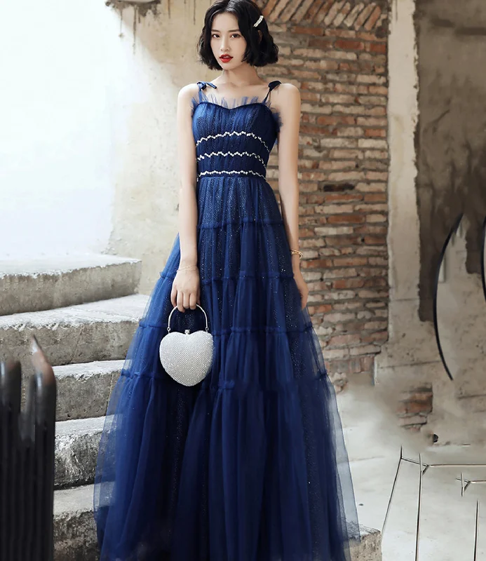 Fresh floral prom dresses for a vibrant style-Blue tulle long A line prom dress blue evening dress 8741 Fresh floral prom dresses for a vibrant style-Blue tulle long A line prom dress blue evening dress 8741