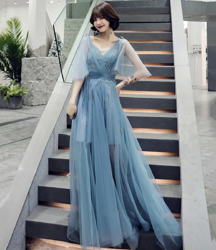 Elegant and feminine prom dresses-Blue tulle long A line prom dress blue evening dress 8760 Elegant and feminine prom dresses-Blue tulle long A line prom dress blue evening dress 8760
