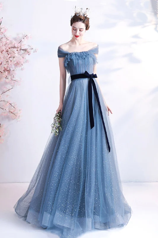 Chic dresses for prom in chiffon-Blue tulle long A line prom dress blue evening dress 8777 Chic dresses for prom in chiffon-Blue tulle long A line prom dress blue evening dress 8777