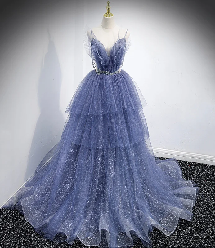 Strappy prom dresses for elegance-Blue tulle long A line prom dress blue evening dress 8864 Strappy prom dresses for elegance-Blue tulle long A line prom dress blue evening dress 8864
