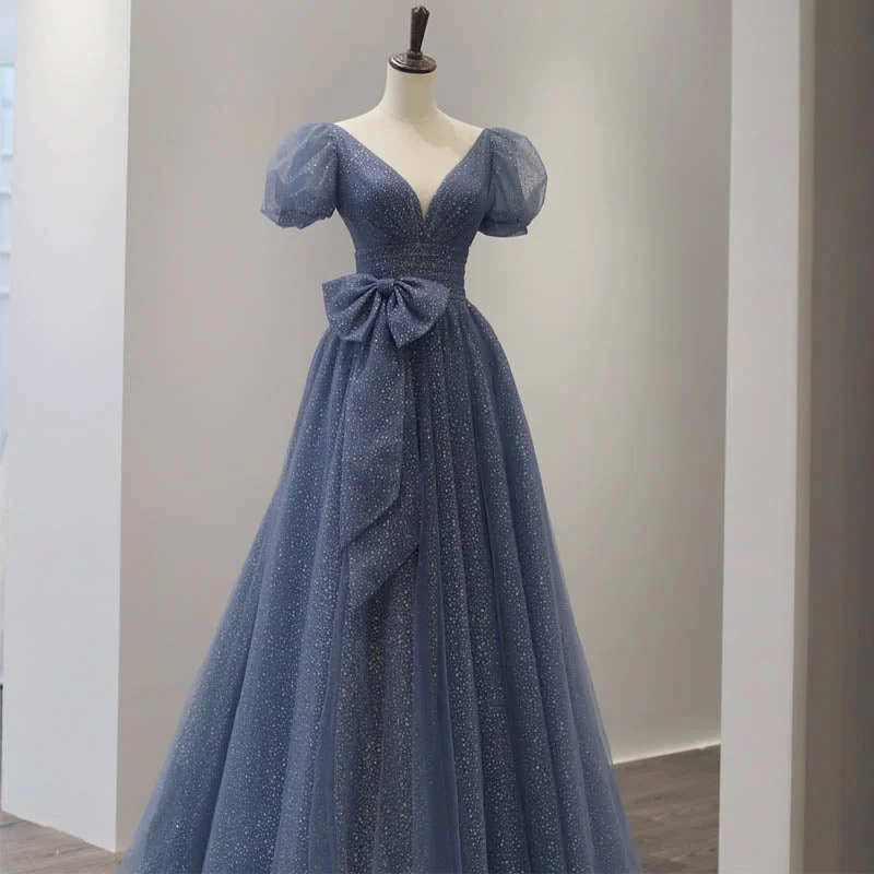 Glam prom dresses with lace details-Blue tulle long A line prom dress blue evening dress 8865 Glam prom dresses with lace details-Blue tulle long A line prom dress blue evening dress 8865