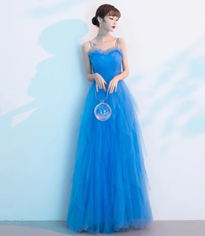 Elegant satin prom dresses for formal nights-Blue tulle long A line prom dress blue evening dress 8904 Elegant satin prom dresses for formal nights-Blue tulle long A line prom dress blue evening dress 8904